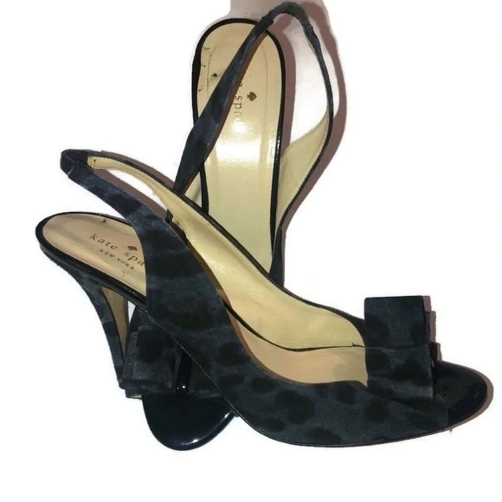 Kate Spade Leopard Pattern Pump Heels Ribbon  Suede Black Gray Made In Italy 10B